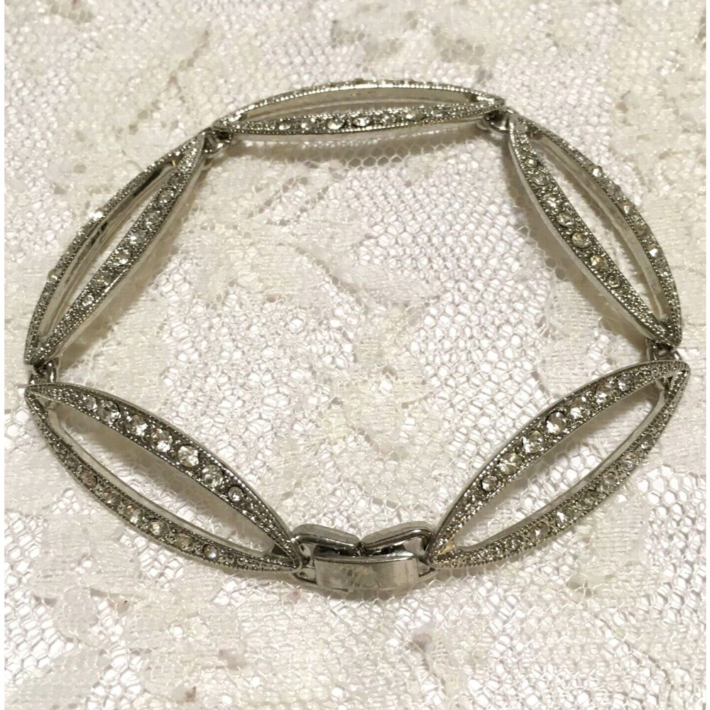 Vintage Monet Chain Bracelet Silver Tone Rhinestones Marquis Link Foldover Clasp